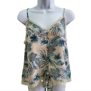 Miss Me Women's  Floral Print Lace Trim Camisole Top in Teal and Cream Floral